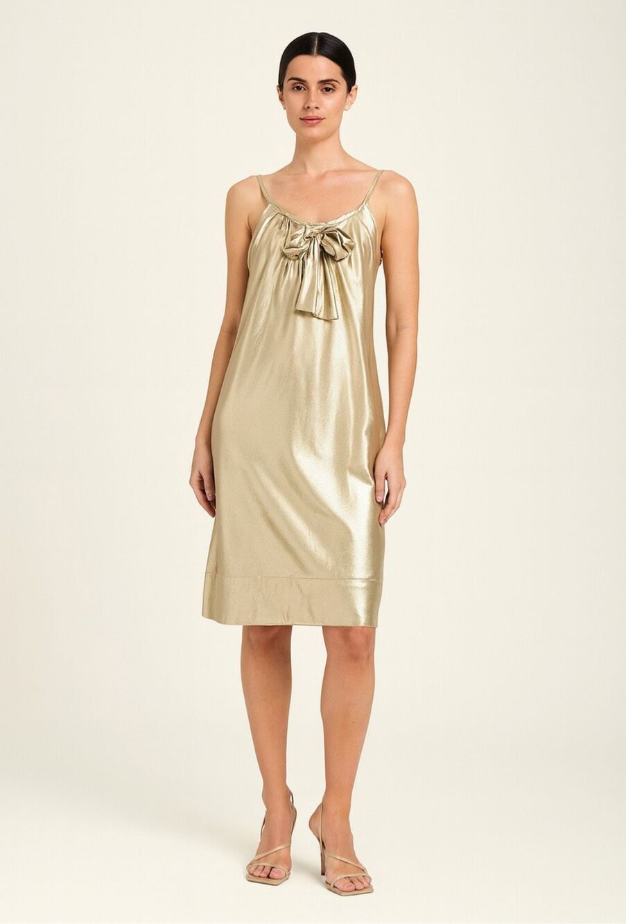DVF Gold Silk Slip Dress Bow Front Spaghetti Strap Shift Size 4